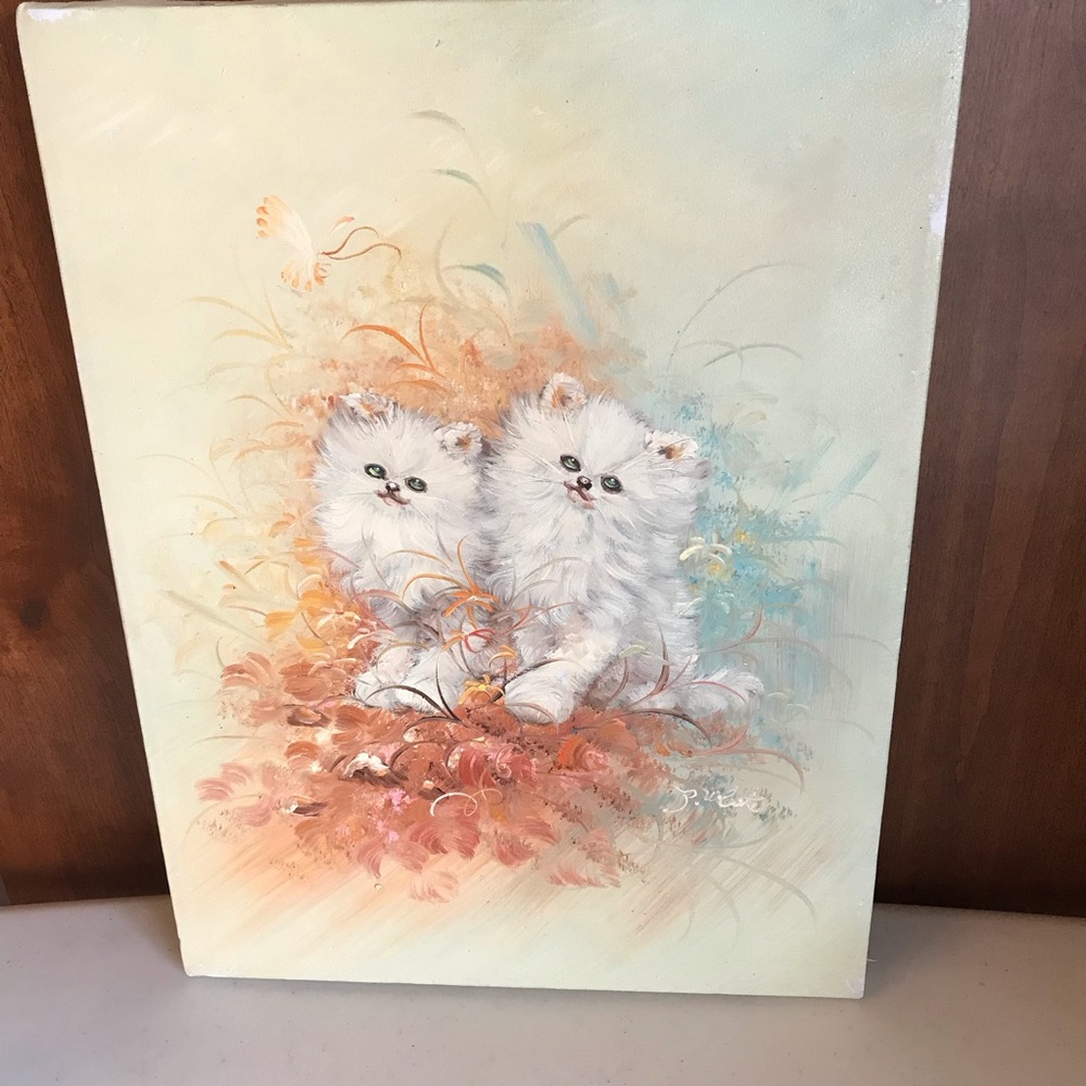 Original Oil Painting of White Persian Kittens Signed Unframed Vintage look - Picture 2 of 8